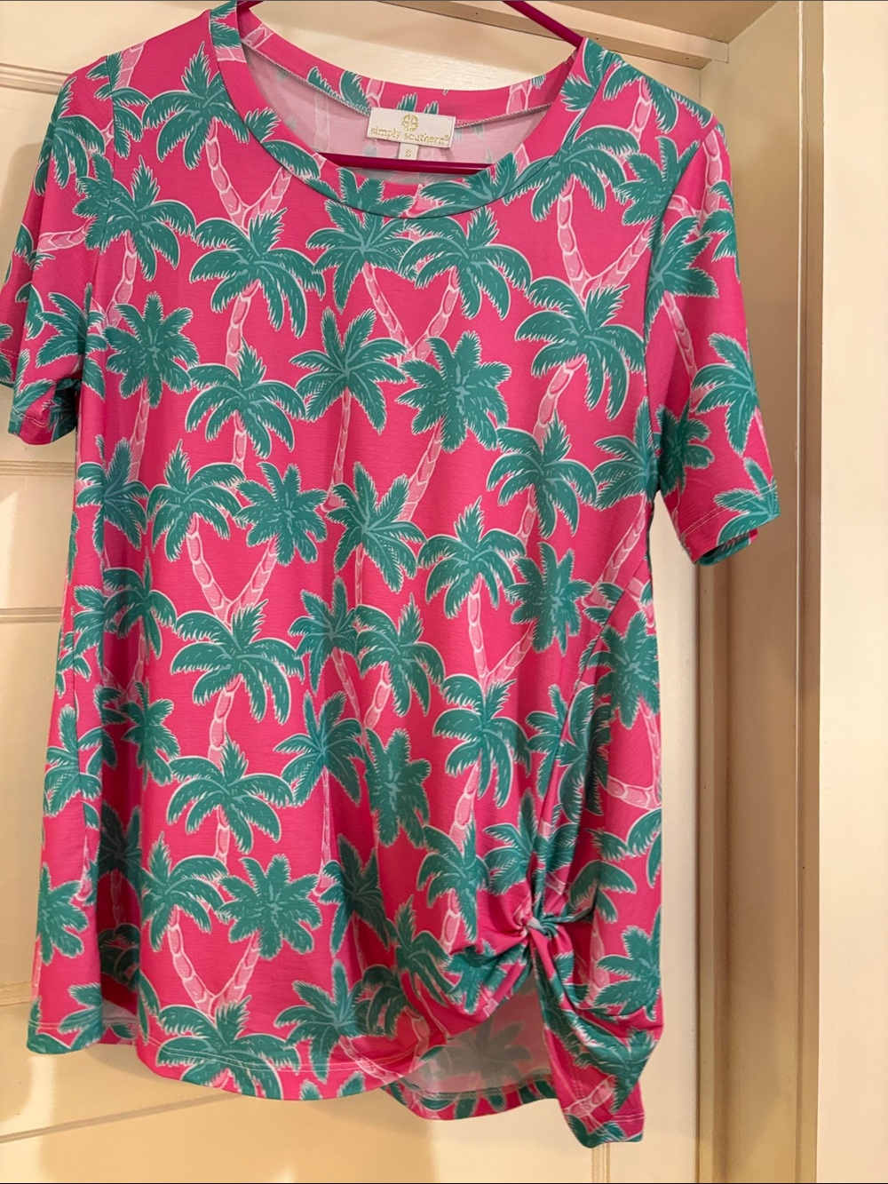 Simply Southern Small Short Sleeve Twist-Hem Tee in Pink and Teal Palm Print